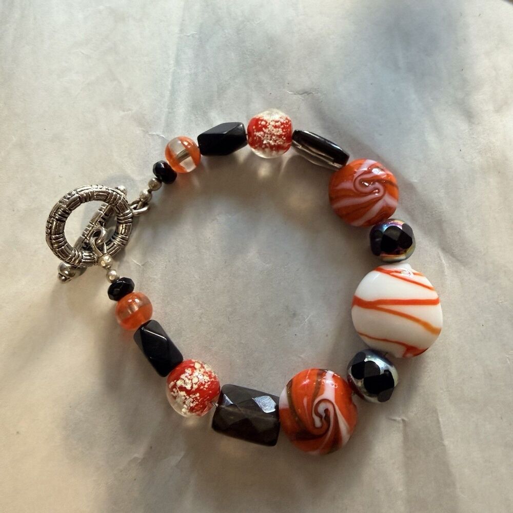 Orange White Black Glass Round Bead Bracelet Toggle Closure 8 in